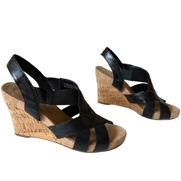 Black Wedge Cork Strap Heels Shoes - Picture 5 of 9